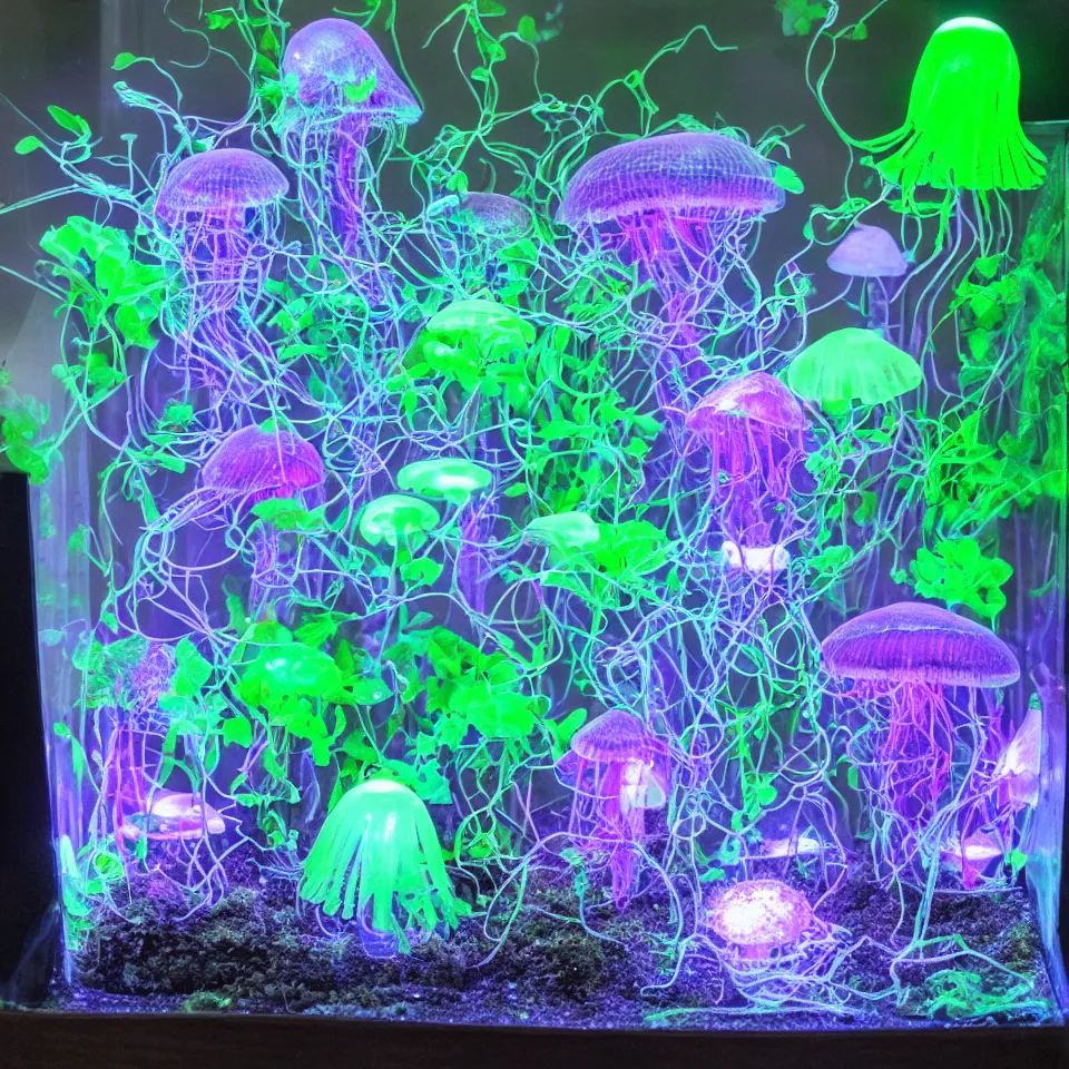 Image similar to a terrarium of bioluminescent mushrooms like jellyfish with veins