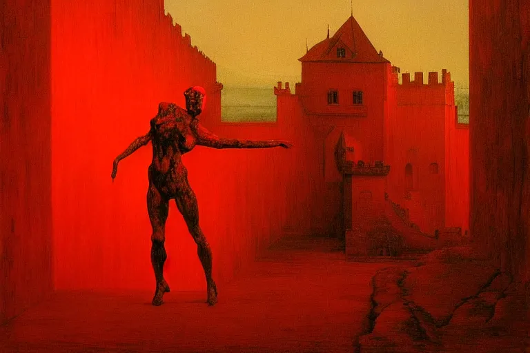 Image similar to only with red, red eyes, a red tiger, a castle in the background, medieval demons dance, an ancient path, in the style of beksinski, part by hopper, part by rodcenko, part by hofbauer, intricate composition, red by caravaggio, insanely quality, highly detailed, masterpiece, red light, artstation