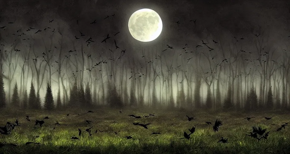 Image similar to fantasy landscape of a forest full of crows and the big moon in the background, dark color-theme, cinematic, science-fiction art wallpaper, stunning digital art