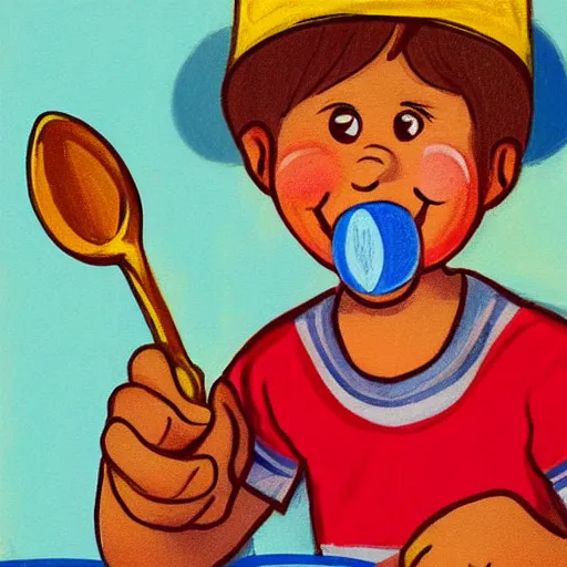 Image similar to happy boy holding a spoon on his nose, illustration,, high detail, cheerful colours