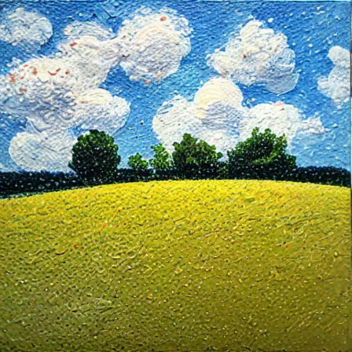 Prompt: oil paint impasto relief of sussex summer field, raining, oak tree painted with thick heavy expressive paint and cumulus clouds, less thick expressive paint, pointillist