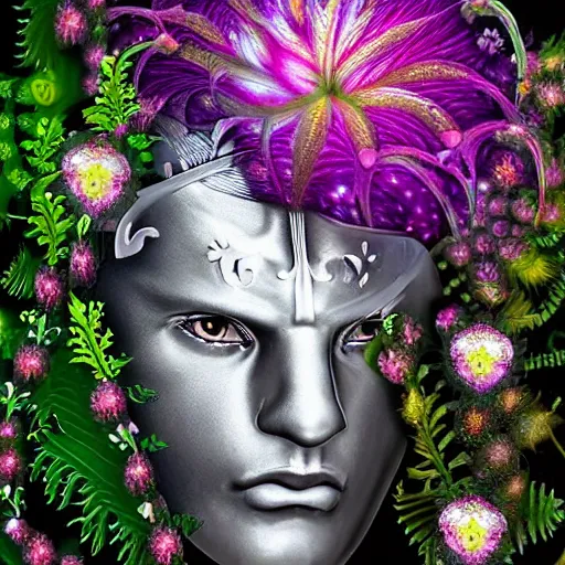 Prompt: a male knight, stern face, clear eyes, shining armour made of steel and flowers, and fractal flowery hair in a fractal garden, glowing delicate flower, berries and ferns that grow in a dark fantasy forest, full frame,