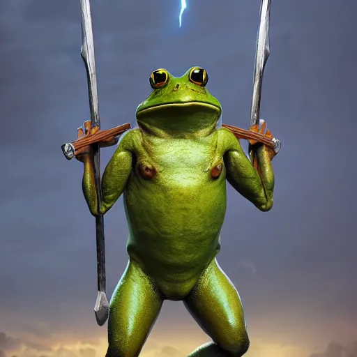 Image similar to a frog warrior with armour standing on two feet and lifting weights, cinematic lightning, artstation, hyperrealistic, extremely detailed, 8 k, trending, matte painting,