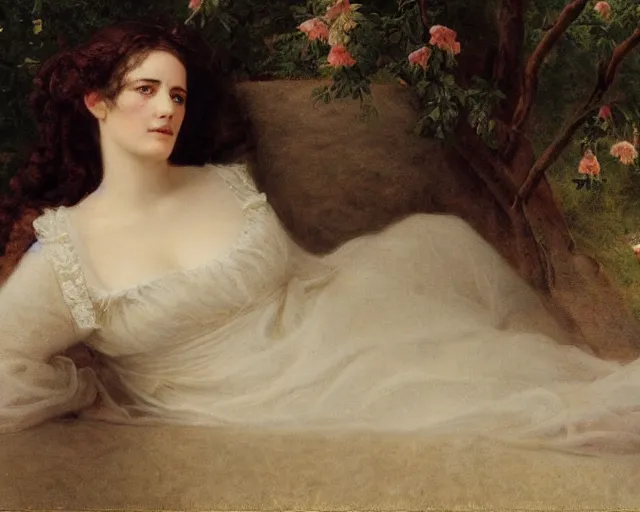 Prompt: portrait en buste of eva green, vesper lynd, vannessa ives in repose by Hughes Merle, by Pierre Auguste Cot, lackadaisical, aimless mood, perfectly detailed eyes, realistic fabric, abundant detail