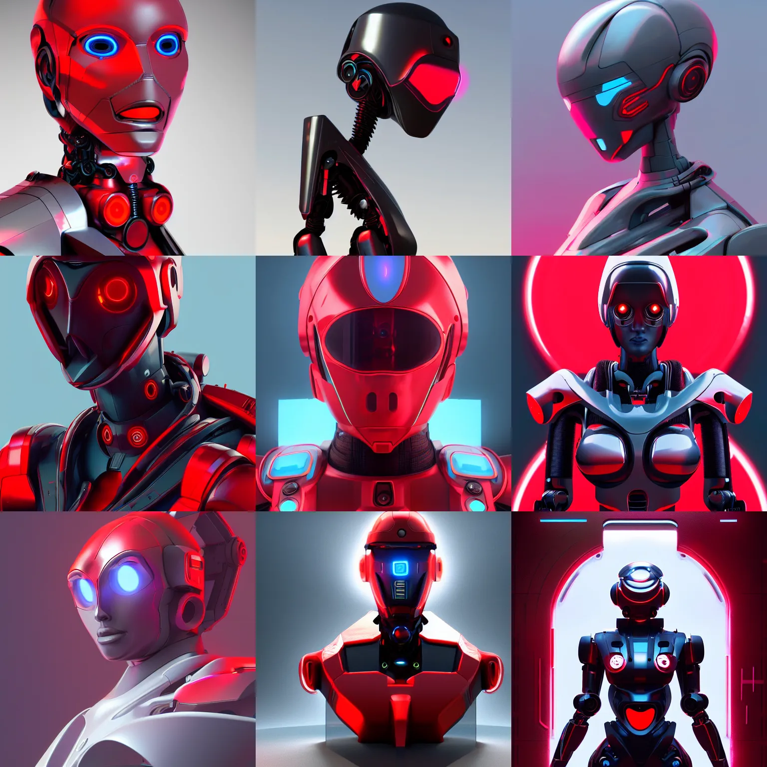 Prompt: a futuristic looking robot with a red background, cyberpunk art by senior character artist, cgsociety, afrofuturism, artstation hq, hard surface modeling, artstation hd