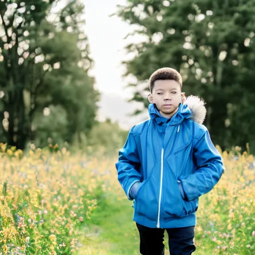 Image similar to destiny ( steven bonnell ii ) in a blue jacket walking in a field, 5 0 mm sigma lens, sony a 7 siii