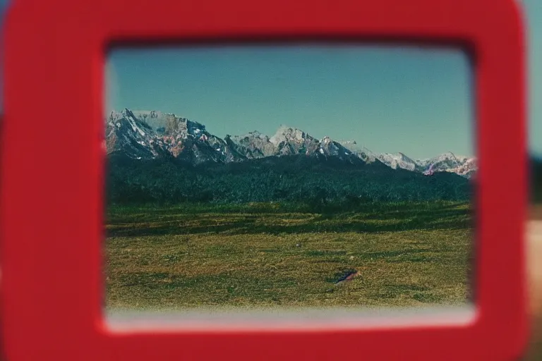 Image similar to film color photography, close-up mirror that reflected red at the green lawn, no focus, mountains in distance, 35mm