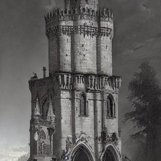 Image similar to Jean-Baptiste Monge and Alex Ross a artwork of a gothic revival castle gatehouse