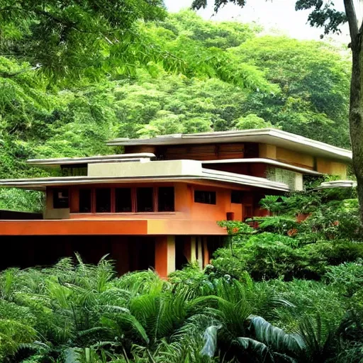 Image similar to a house designed by frank lloyd wright in the middle of the jungle,