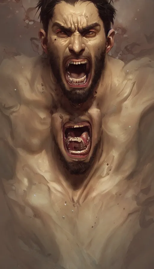 Prompt: portrait of an ugly screaming classical greek hero with wonky eyes, artstation, concept art, smooth, sharp focus, illustration, art by artgerm and greg rutkowski and alphonse mucha