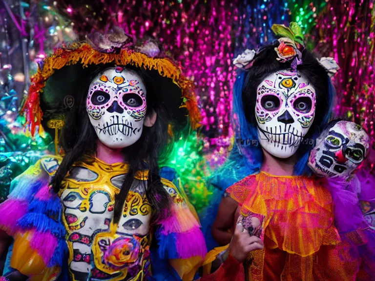 Prompt: A child wearing dia de los muertos face make-up and a luchador costume sits in a cage, during a 1980s laser show, and whispers secrets to her guardian spirit. Lowbrow, pop surrealism art style, alebrijes aesthetic, contemporary art illustration, photography by Steven Curry, ultra real 8k photography