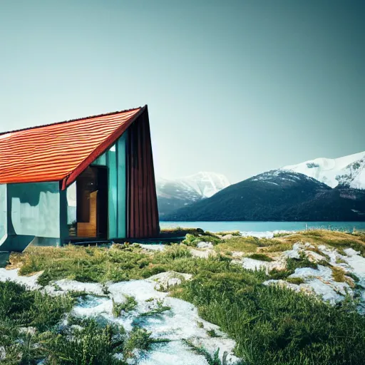 Image similar to wes anderson style modern futuristic house near the lake, snowy mountains and green forest, cinematic, realism, photo, detailed