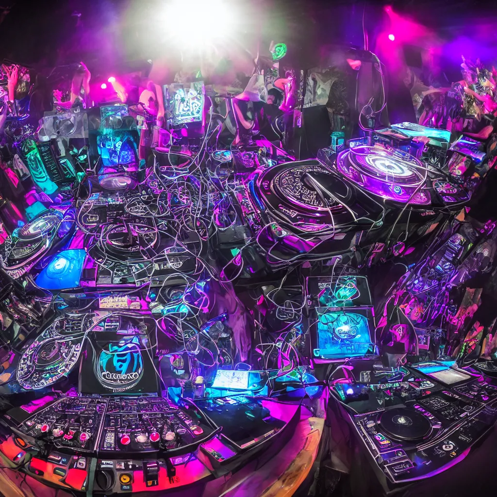 Image similar to award winning photo of an octopus! as a dj with tentacles! simultaneously placed turntables cdjs and knobs of a pioneer dj mixer. sharp, blue and fuschia colorful lighting, in front of a large crowd, studio, medium format, 8 k detail, volumetric lighting, wide angle, at an outdoor psytrance festival main stage at night