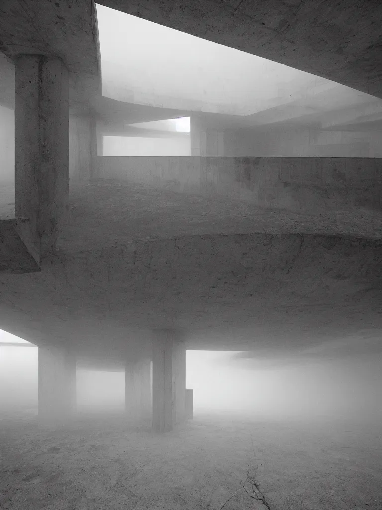 Prompt: High resolution black and white photograph with a 22 mm F/12.0 lens of a Brutalist architectural building in Bulgaria in the 1970s in the middle of a deserted nowhere while foggy and cloudy.
