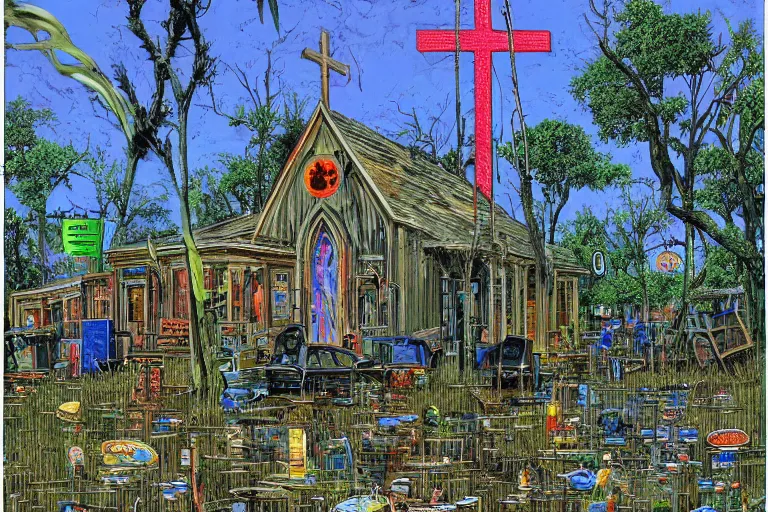 Image similar to scene fromlouisiana swamps, old protestant church with neon cross, junkyard by the road, boy scout troop, voodoo, artwork by jean giraud