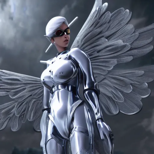 Image similar to futuristic angel wearing high tech armor, bayonetta, rendered in unreal engine, ultra realistic, 4k