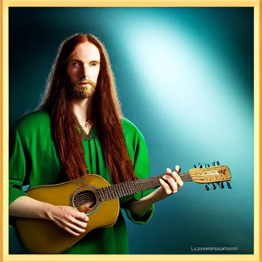 Prompt: pure and kind aristocratic long straight red haired man wearing a green cloak playing a guitar portrait, innocent, pure, naive, atmospheric lighting, painted, intricate, volumetric lighting, beautiful, rich deep colours masterpiece, golden hour, sharp focus, ultra detailed, by leesha hannigan, ross tran, thierry doizon, kai carpenter, ignacio fernandez rios