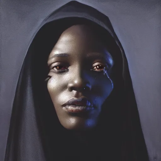 Image similar to a portrait of a young black woman wearing a long dark cloak, hood and shadows covering face, anatomically correct, beautiful perfect face, enigmatic, oil painting, matte painting, black background, Volumetric dynamic lighting, Highly Detailed, Cinematic Lighting, Unreal Engine, 8k, HD, by Beksinski