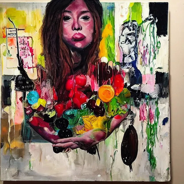 Image similar to “ a portrait in a female art student ’ s apartment, sensual, vegetables, art supplies, paint tubes, palette knife, pigs, ikebana, herbs, a candle dripping white wax, squashed berries, berry juice drips, acrylic and spray paint and oilstick on canvas, surrealism, neoexpressionism ”