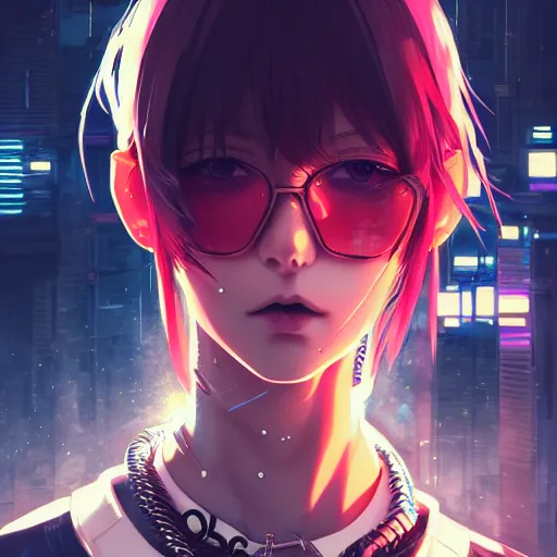 Image similar to by kyoto animation, cool girl wearing cyberpunk intricate streetwear, beautiful, detailed symmetrical close up portrait, intricate complexity, in the style of artgerm and ilya kuvshinov, cell shaded, 4 k, concept art, by wlop, krenz cushart, greg rutkowski, pixiv. cinematic dramatic atmosphere, cinematic lighting, studio quality