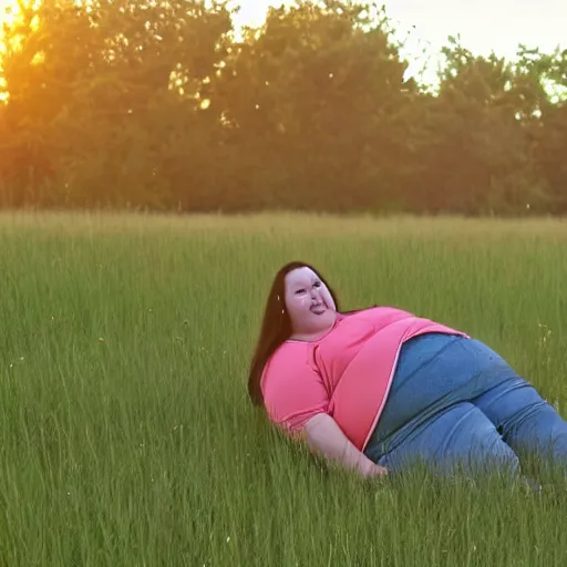 Prompt: high quality photo of a fat person in a grassfield