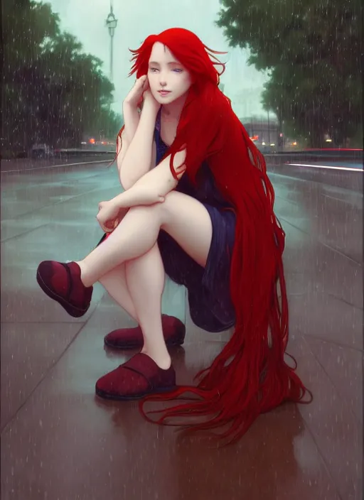 Image similar to pretty young woman with long red hair sitting at a bus stop in the rain, path traced, highly detailed, high quality, digital painting, by studio ghibli and alphonse mucha, leesha hannigan, makoto shinkai, disney