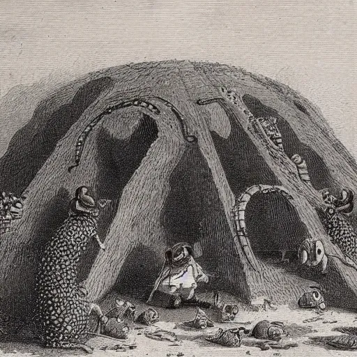 Image similar to an anthill the shape of a school drawn by charles bowater