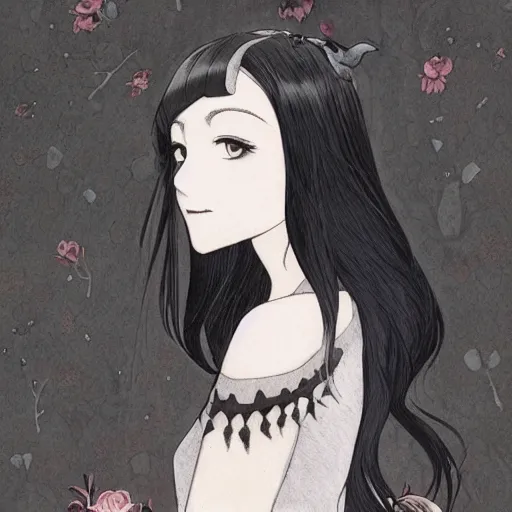 Image similar to dark haired girl, goth style, raven on her shoulder, pale gentle face, intricate detailed outfit, art by sakimichan, studio ghibli