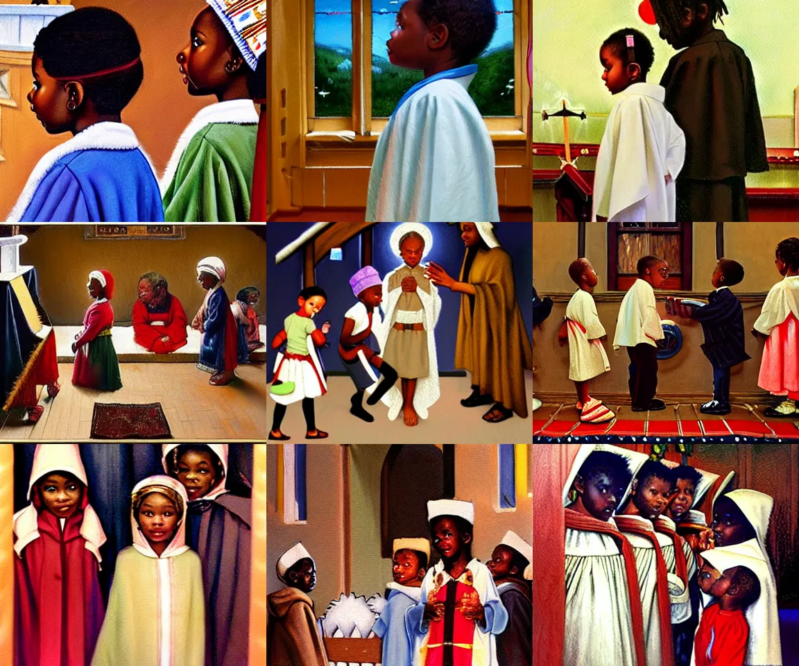 Prompt: black children in robe costumes standing around a manger in a church nativity play, painting by norman rockwell, trending on artstation, amazing details