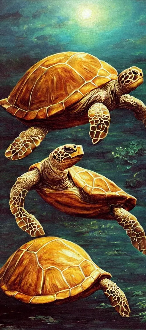 Image similar to giant turtle eating potatoes oil painting