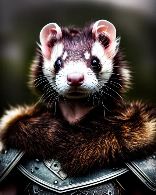 Image similar to ferret warrior, furry, fantasy, viking, high detailed, photography, cloudy, lightweight leather armour, scandinavia, plain, detailed face, look into the distance, serious face, full body, in full growth, professional photographer, masterpiece, 5 0 mm, extremely detailed, digital art 8 k