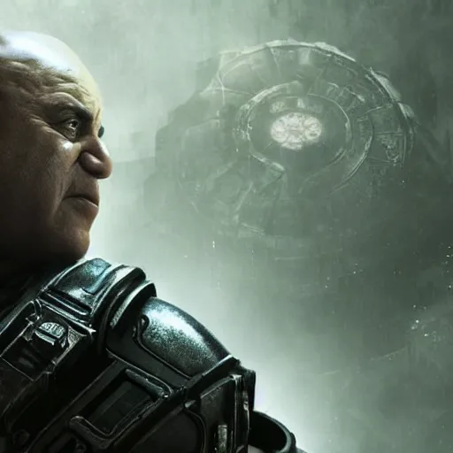 Image similar to danny devito danny devito in gears of war, splash art, movie still, detailed face, photorealistic facial features, cinematic lighting, dramatic, octane render, long lens, shallow depth of field, bokeh, anamorphic lens flare, 8 k, hyper detailed, 3 5 mm film grain