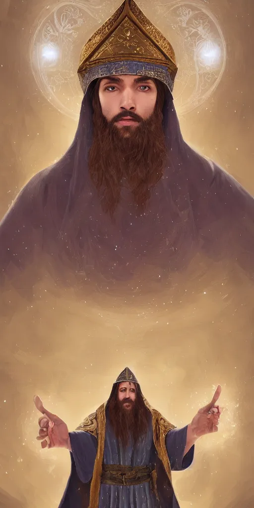 Image similar to adult wizard wearing a byzantine hat and a robe with star and moon pattern, handsome face, focus eyes, hyperrealistic, large star crystals, symmetry, ultra realistic soft painting, full body, fantasy, intricate, elegant, highly detailed, digital painting, artstation, concept art, matte, illustration, 8 k