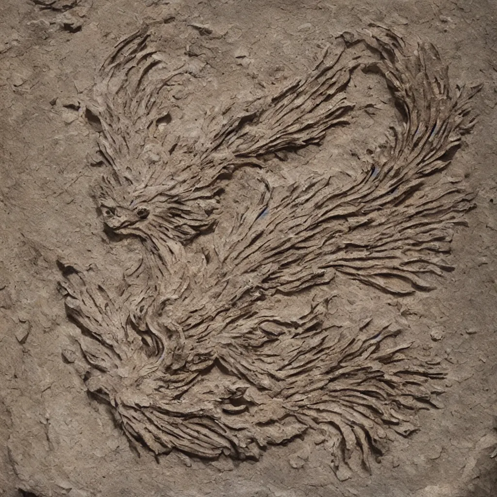 Image similar to a fossilized phoenix, museum photo