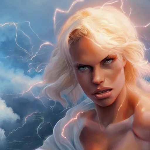 Image similar to pamela anderson 2 0 - years old as the greek god of lightning, highly detailed, young, by artgerm and greg rutkowski