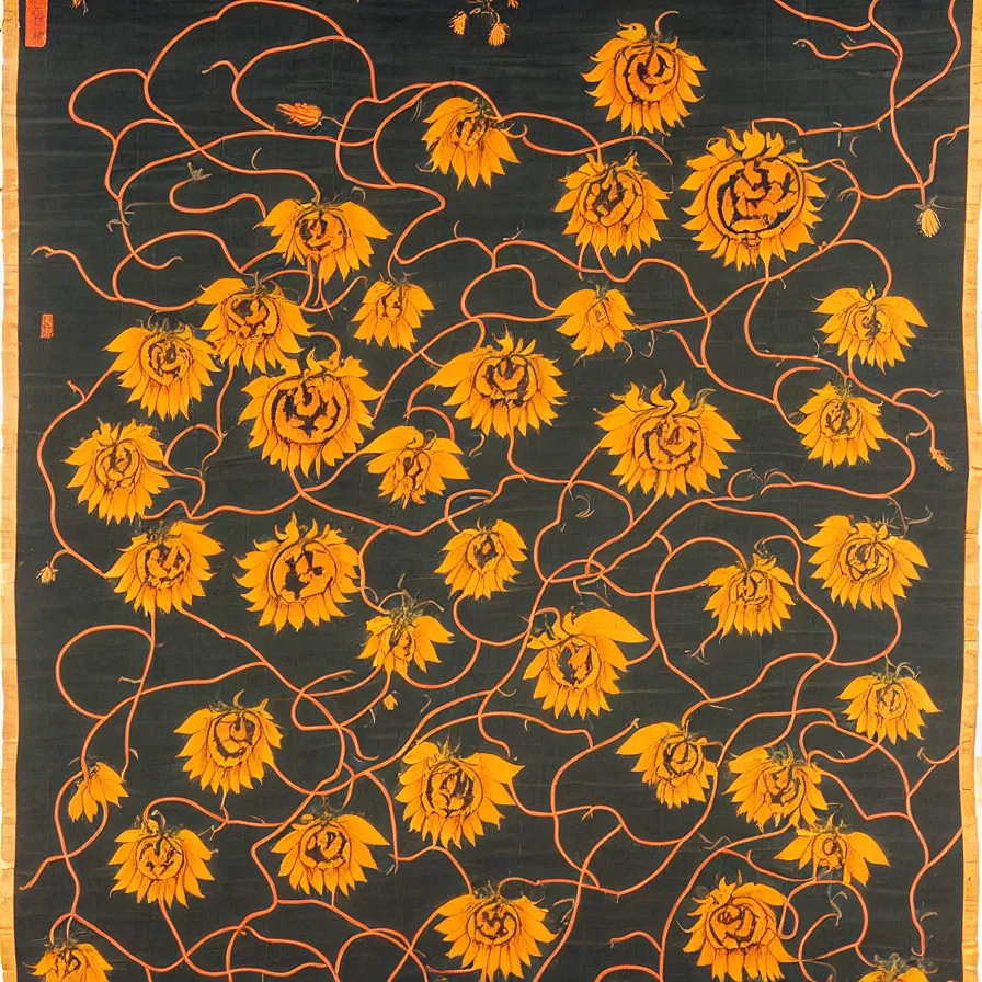 Image similar to nepalese thangka about withered sunflowers and dry nasturtiums with vines, dark tones, moody, night, moonlight