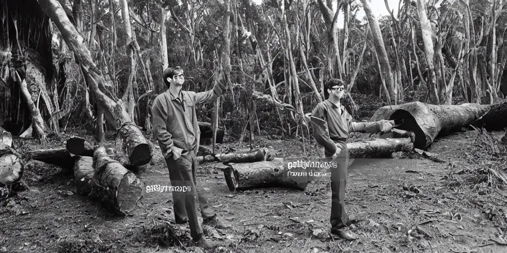 Image similar to bbc tv presenter louis theroux holding a microphone talking to men cutting down ancient kauri trees at great barrier island, new zealand. enormous giant logs in background 1 9 5 0's photograph