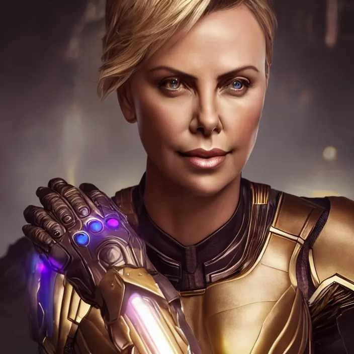 Image similar to portrait of (Charlize Theron), wearing The Infinity Gauntlet. intricate artwork. octane render, trending on artstation, very coherent symmetrical artwork. avengers. thanos. cinematic, hyper realism, high detail, octane render, 8k, iridescent accents