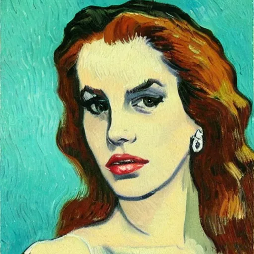 Image similar to portrait of lana del rey smoking a cigarette, oil painting, by van gogh