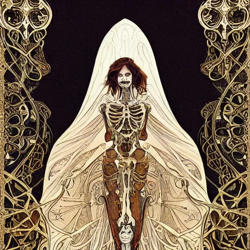 Image similar to a skeleton in a cloak, highly detailed, very intricate, art nouveau, gold filigree, tarot concept art watercolor illustration by mandy jurgens and alphonse mucha and alena aenami, featured on artstation