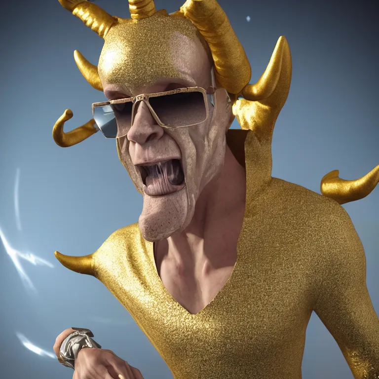 Prompt: octane render portrait by wayne barlow and carlo crivelli and glenn fabry, a demon with the head of a goat with shining golden horns and designer sunglasses wearing a tight iridescent silver latex suit, inside an explosion of glitter, cinema 4 d, ray traced lighting, very short depth of field, bokeh