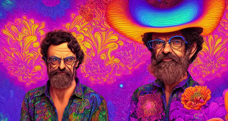 Prompt: Terence McKenna portrait psychedelic 3d vector art illustration in garden full of colorful psilocybin mushrooms and exotic flowers by Lisa frank, Beeple and Tim Hildebrandt, hyper realism, Art deco , intricate, elegant, highly detailed, unreal engine, octane render, artstation, smooth, sharp focus, sharp contrast