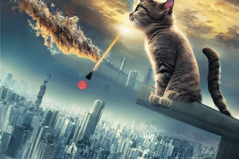 Image similar to cat attacking Tokyo, disaster movie poster, masterpiece, masterwork, cgstudio