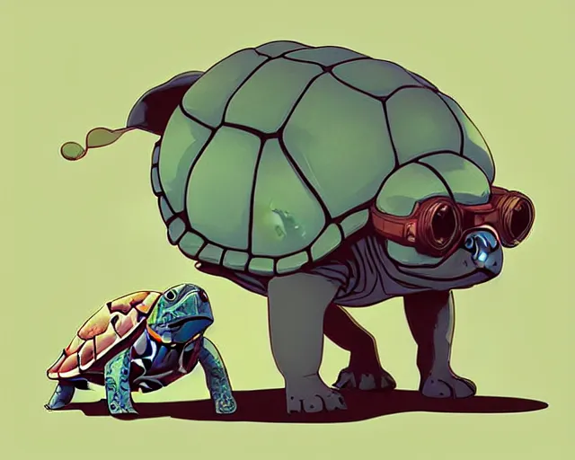 Prompt: cell shaded cartoon of an adorable turtle with a bulldog's head wearing goggles, concept art by josan gonzales and wlop, by james jean, victo ngai, david rubin, mike mignola, deviantart, art by artgem