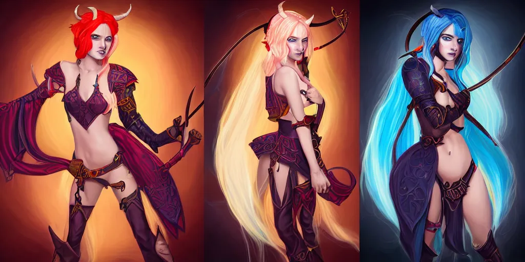 Image similar to triptych of youthful female feminine horned tiefling female bard with long bob cut blue hairstyle, her skin is orange and pale, and her eyes are pure black orbs, and she is wearing colorful leather armor by rossdraws,