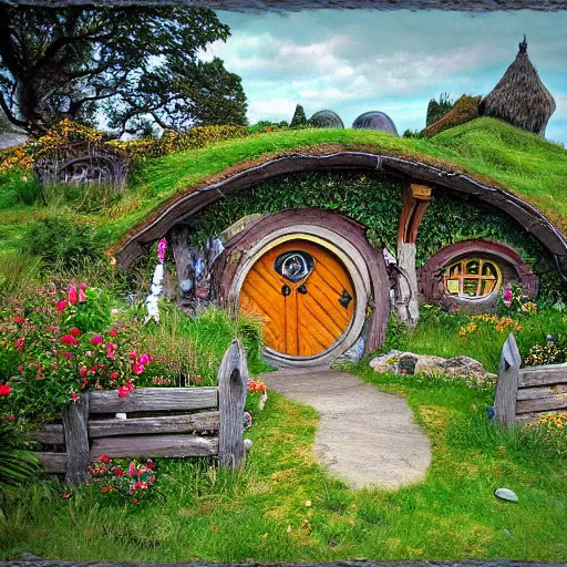 Image similar to Hobbiton in the style of Hans Gude