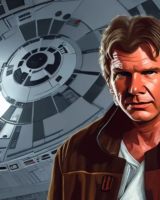 Image similar to portrait of han solo on the millennium falcon, harrison ford,, star wars, gta v, hyper realistic, ambient lighting, concept art, intricate, hyper detailed, smooth, action, volumetric lighting, george lucas, ralph mcquarrie, octane