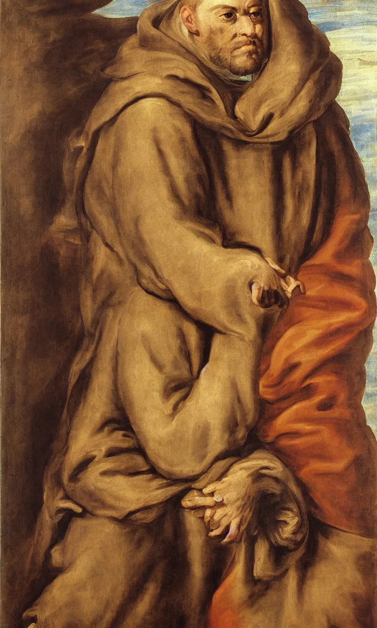 Prompt: an oil painting of Saint Francis of Assisi wearing brown habit and hood, by Rubens