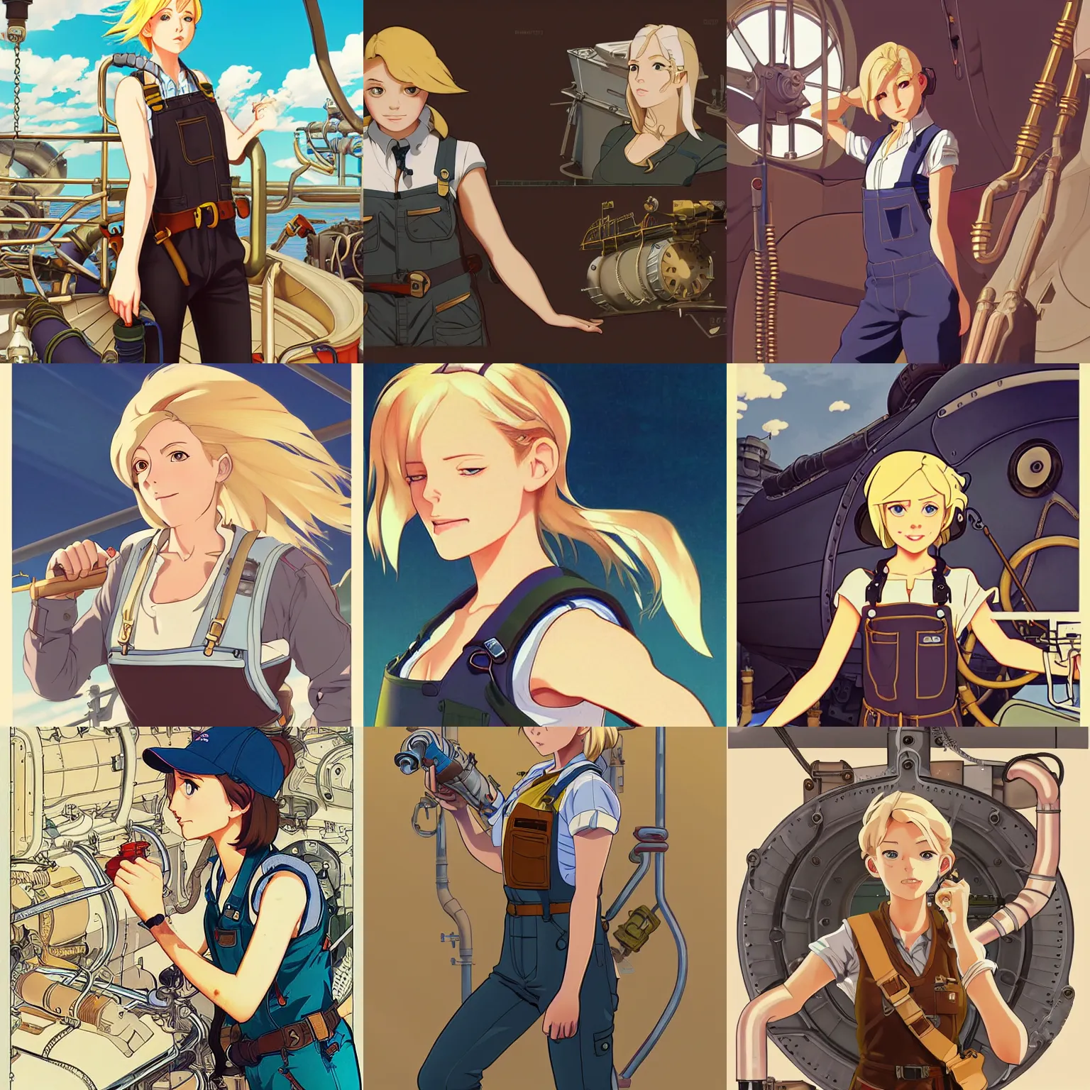 Prompt: Blonde female airship mechanic wearing a tank top and overalls fixing pipes below deck, steampunk, defined facial features, cel shading, highly detailed, illustration, Makoto Shinkai and Studio Ghibli animated film still, by Ilya Kuvshinov and Alphonse Mucha