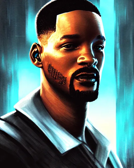 Image similar to portrait of cyberpunk will smith, grim - lighting, high - contrast, intricate, elegant, highly detailed, digital painting, artstation, concept art, smooth, sharp focus, illustration